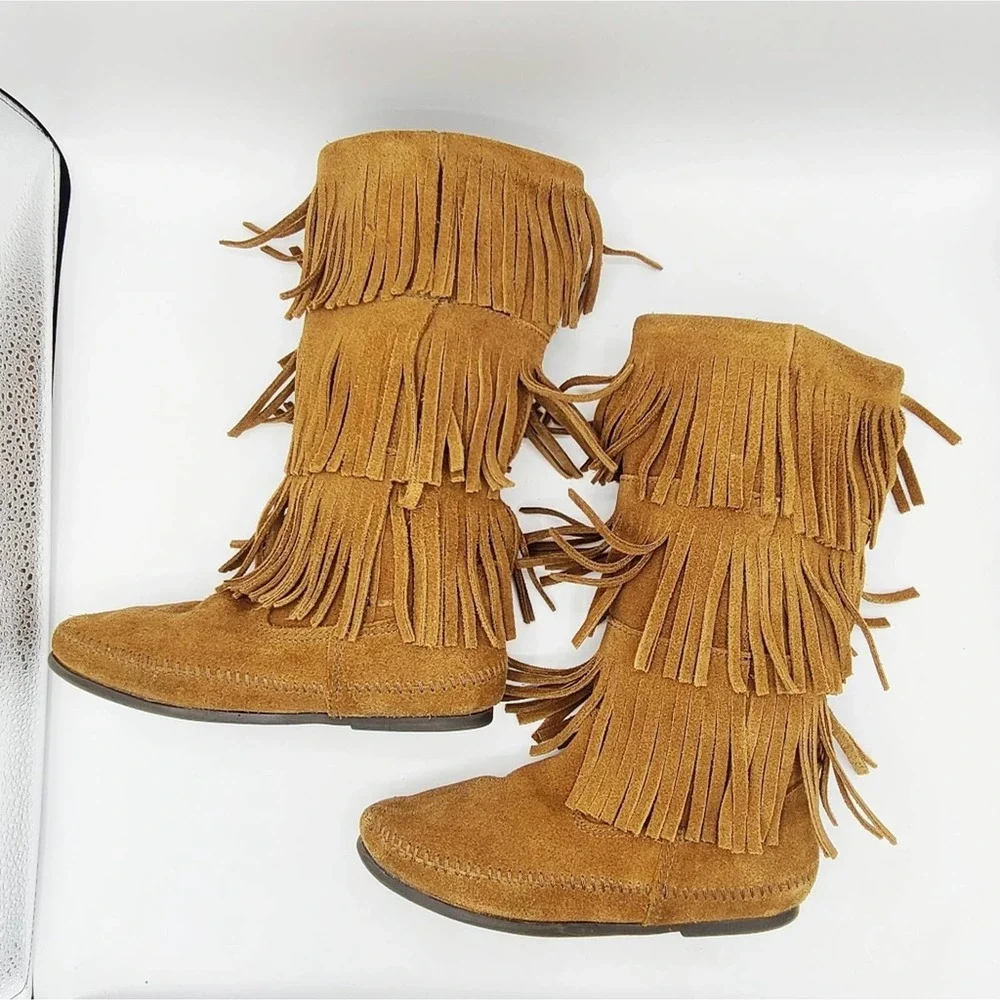Minnetonka 3 Layer Fringe Boot Brown Suede